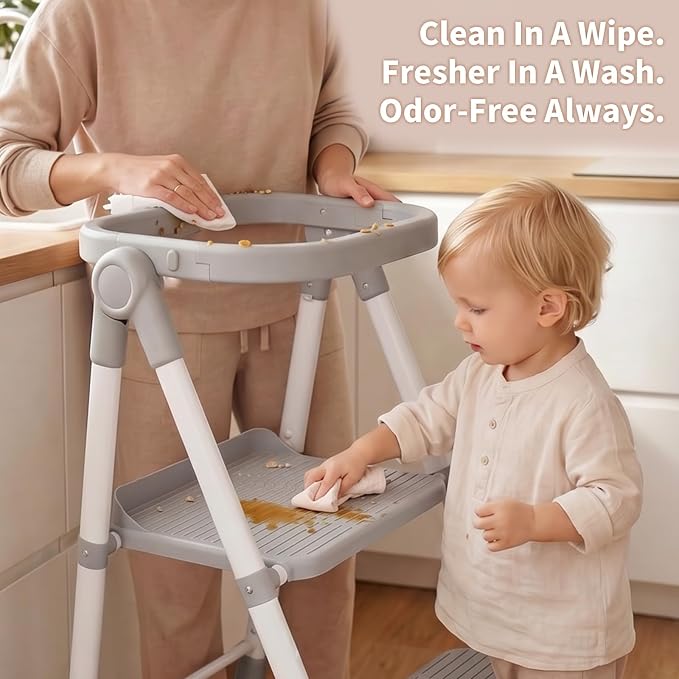 Toddler Step Stool Foldable, Kids Step Stools for Kitchen Counter, Foster Independence Learning Stool with Safety Guards&Net, Toddler Sturdy Standing Tower Kitchen Helper, Grey