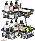 Corner Shower Caddy with Soap Holder, 2 Pack Stainless Steel Corner Shower Organizer with 11 Hooks, No Drilling & 6 Strong Adhesives Corner Shower Shelf Bathroom Organizer for Shower Room, Black