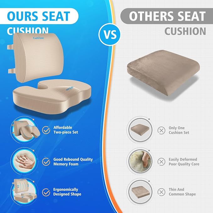 CushZone Ergonomic Seat Cushion & Lumbar Support Pillow - Memory Foam for Sciatica Pain Relief & Posture Correction, Non-Slip Chair Cushions for Office Chair/Car/Wheelchair/Travel, Khaki