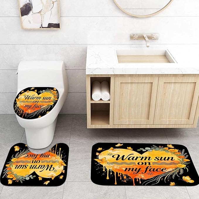 LQCOOL 4Pcs Black Orange Shower Curtain Set, Summer Bathroom Sets, Waterproof Bathroom Sets with Shower Curtain and Rugs, Shower Curtain with 12 Hooks