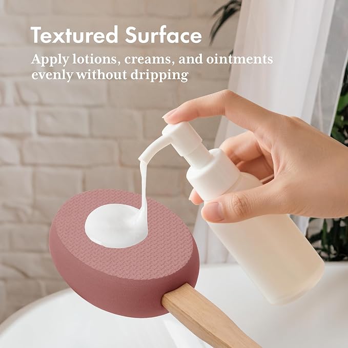 AmazerBath Lotion Applicator for Back, Feet, 4 Replacement Pads with 17" Curved Handle, Back Sunscreen Applicator for Kids, Elderly, Women, Apply Skin Cream Medicine Moisturizer Tanner, Coffee Pink
