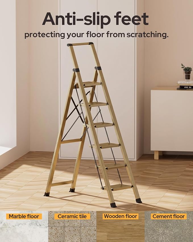 6 Step Ladder for 12 Feet High Ceiling, Lightweight Aluminum Folding Step Stool with Convenient Handgrip, Stepladders with Anti-Slip and Wide Pedal for Home Use Space Saving - Gold