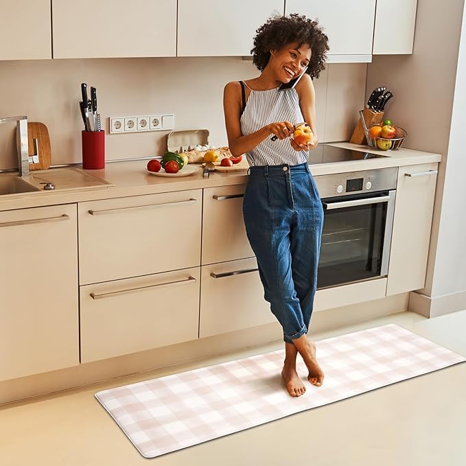 FRESHMINT Modern Farmhouse Plaid 2 Piece Set Kitchen Mats for Floor Anti Fatigue Waterproof & Non-Skid Kitchen Rugs Cushioned Kitchen Mat for Standing Washable Comfort Desk Kitchen Runners