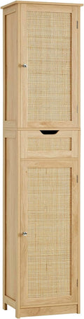 Iwell Tall Narrow Storage Cabinet with Doors, Rattan Cabinet with Adjustable Shelves, Freestanding Linen Storage for Living Room, Entryway, Kitchen, Bathroom, Natural