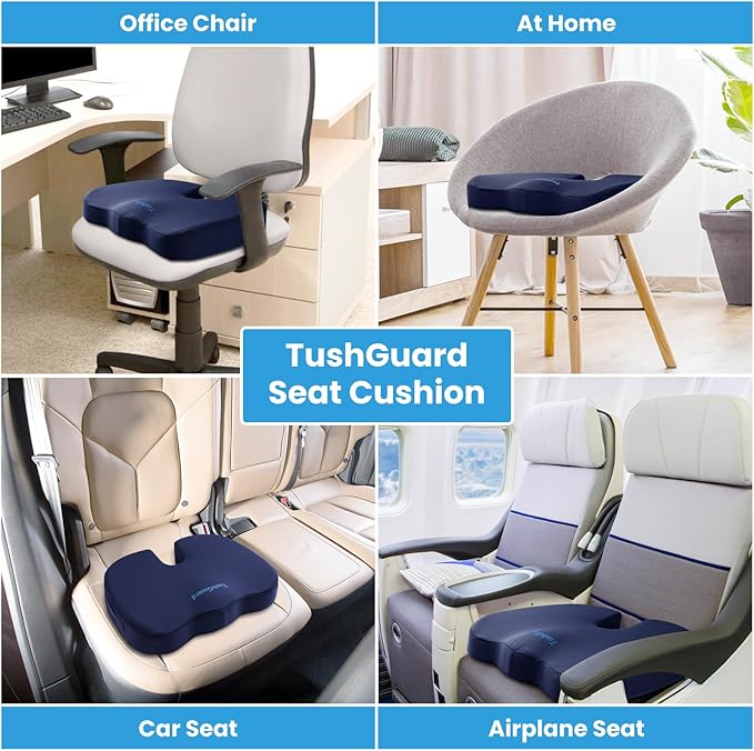 TushGuard Seat Cushion for Office Chair Memory Foam Non-Slip Cushion Back, Relief Chair Pad, Butt Pillow for Office, Car, Computer Desk, Blue, X-Large