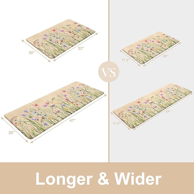 KIMODE Anti Fatigue Kitchen Mats, Farmhouse Kitchen Rugs Sets of 2, Non Slip Waterproof Kitchen Floor Mats, Ergonomic Cushioned Standing Mats for Sink, Laundry, Desk Brown 20"x47"+20"x32"