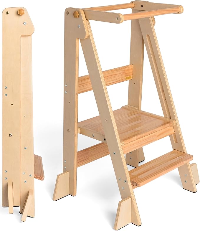 OCODILE Adjustable Foldable Toddler Tower – Folding Tower for Kids | Montessori Toddler Kitchen Step Stool Helper for Independence - Varnished