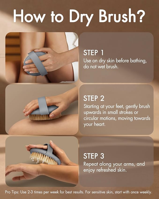 Dry Brushing Body Brush for Massage - Natural Boar Bristle Exfoliating Brush with Massage Nodes for Lymphatic Drainage, Cellulite, Blood Circulation Improving Skin Health for Women Men Elderly(Grey)