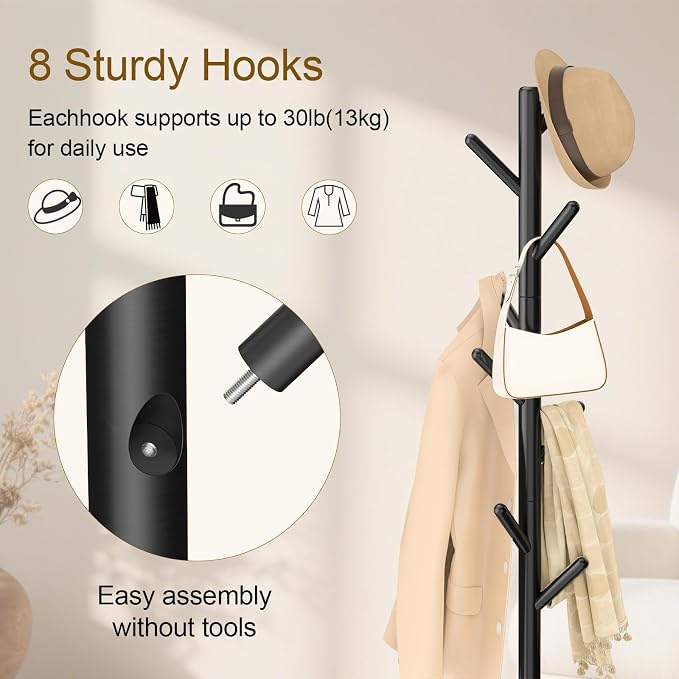 Coat Rack Freestanding with Stable Square Base for Cloathes, Hat, Used in Bedroom, Office and Entryway, Sturdy and Easy Assembly Coat Tree with 3 Adjustable Sizes and 8 Hooks, Black