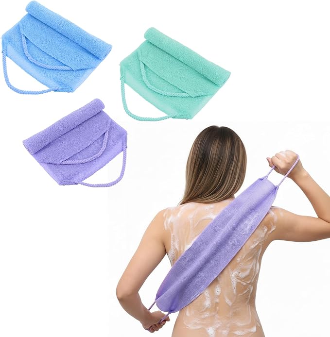 3 Pcs Exfoliating Washcloth with Handles, Double-Sided Back Scrubber Washer for Shower Body Scrub Towel Stretchable Back Washer Shower Towel for Women Bath Showers Exfoliation