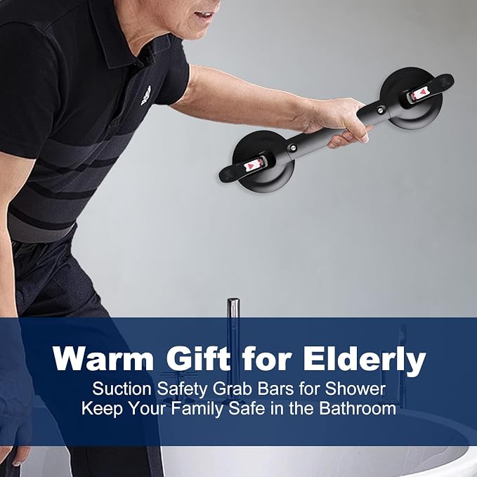 Suction Cup Grab Bars for Bathtubs and Bathroom, Tool Free Shower Handle, Grab Handle for Elderly Suction with Indicators, Shower Grab Bar for Seniors,Black