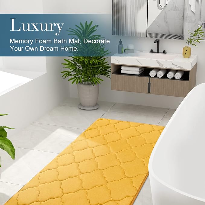OLANLY Memory Foam Bath Mat Rug 47x24, Ultra Soft and Absorbent Bathroom Rugs, Non-Slip, Comfortable, Machine Washable Bath Carpet for Bathroom Floor, Tub, Shower and Home Decor Accessories, Yellow