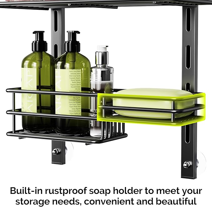 Orimade Over The Door Shower Caddy Adjustable 4 Tier Black,Bathroom Hanging Organizer Shelf Rustproof with 4 Hooks,Shower Basket with Soap Holder and Suction Cup