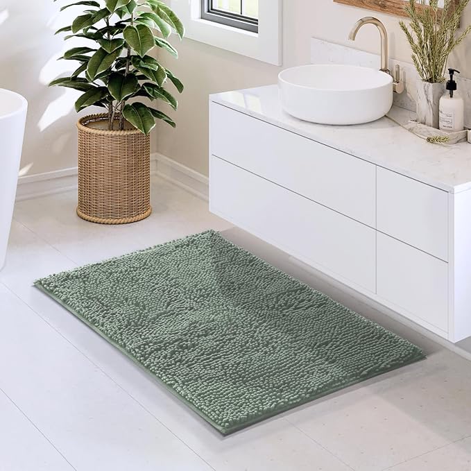 Hearth & Harbor Bathroom Rugs, Chenille Bath Mat - Machine Washable Bath Mats for Bathroom Non-Slip Backing Rubber, Quick Dry Bathroom Mat, 20 x 32 - Ice Green