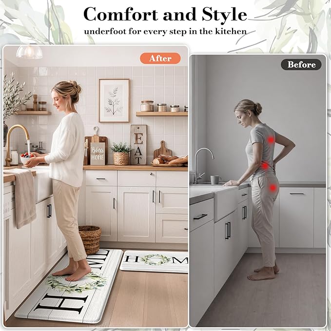 KIMODE Anti Fatigue Kitchen Mats for Floor, Farmhouse Kitchen Rugs Sets of 2, Cushioned Kitchen Floor Mats, Comfort Standing Mats for Sink, Laundry, Office, Desk White 20"x47"+20"x32"