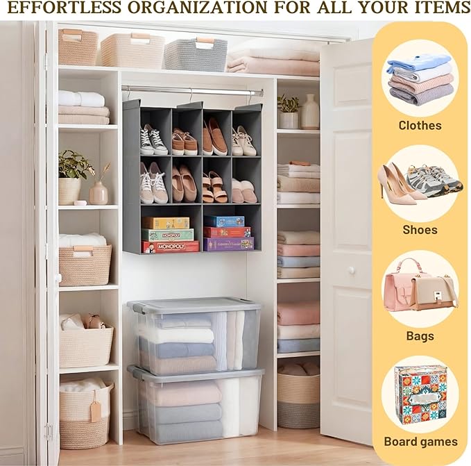 Ofiray-home 3 Tier Hanging Closet Organizer, 10 Compartments Sweater Organizer for Closet with 3 Sturdy Hooks, Closet Organizers and Storage, Wardrobe, Rv, Garment Rack, Grey