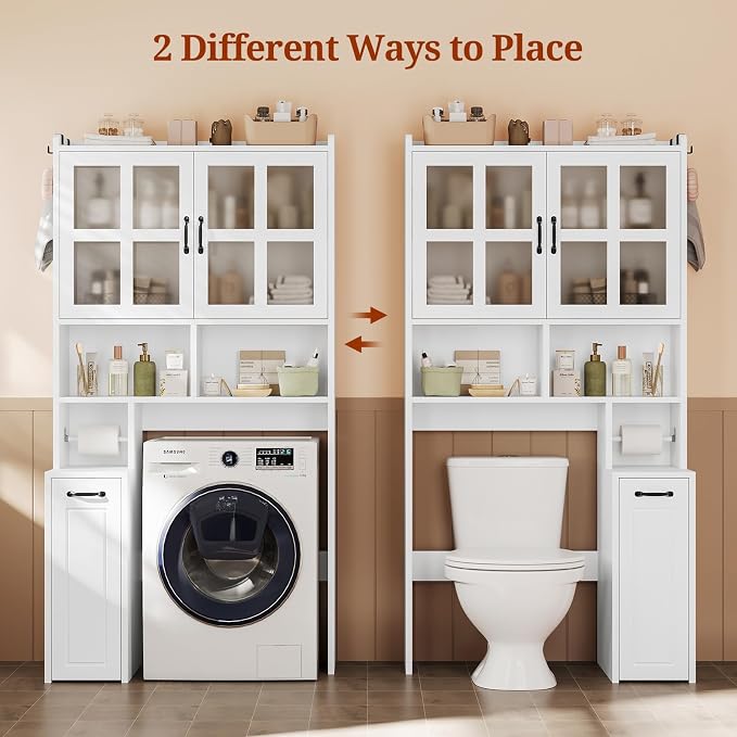 UPOSOJA Over The Toilet Storage Cabinet with Pulley Small Bathroom Storage Cabinet, Space Saver W/Adjustable Shelf & Glass Doors for Bathroom, Restroom, Laundry (Frosted Mirror-Type B)