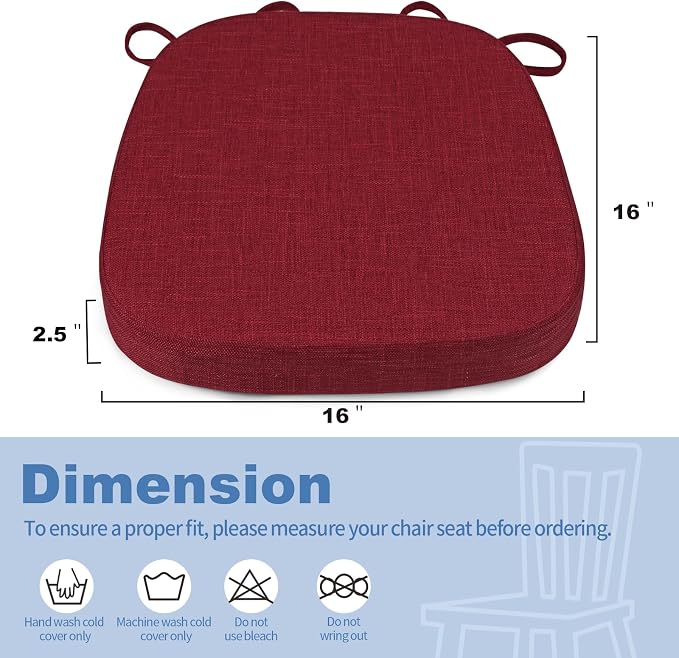 BUYUE Thickened 2.5" Dining Chair Cushions Set of 4, U-Shape High Density Foam Comfortable Chair Pads for Kitchen, Slip Resistant Indoor Seat Cushions (4 PCS, Red)