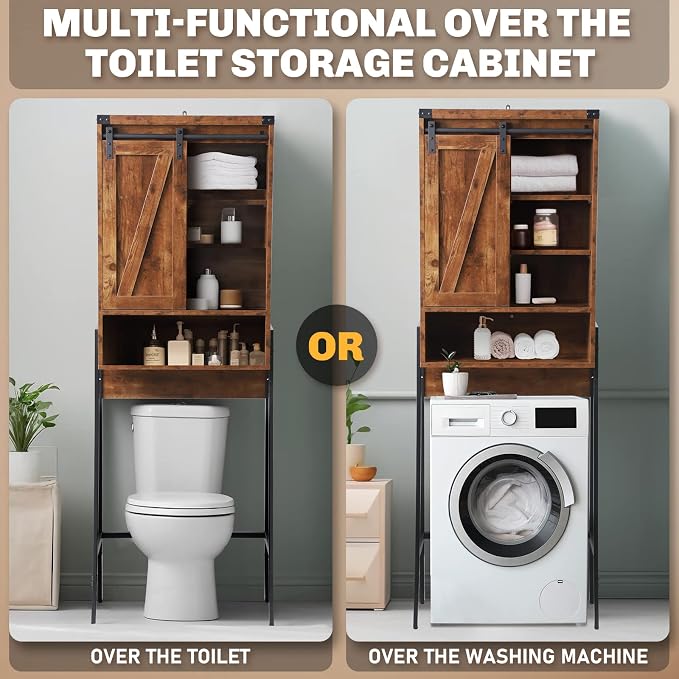 Over The Toilet Storage Cabinet, Behind Toilet Bathroom Organizer with Adjustable Shelves, Above Toilet Organizers with Barn Door, Space Saver for Restroom, Bathroom, Laundry, Brown