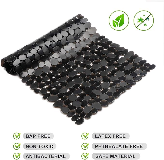 WELTRXE Non Slip Bathtub Mat 35 x 16 Inches Pebbles Shower Mats with Suction Cups, Drain Holes for Bathroom Showers, Tub, Machine Washable Bathroom Mats BPA, Latex Free Safe Tub Mats - Black