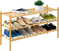ROMGUAR CRAFT 3-Tier Bamboo Long Shoe Rack, Free Standing Wood Shoe Shelf Storage Organizer for Closet Entryway Stackable 35"x11"x20" (Natural)