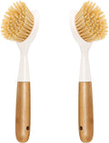 2 Pack Kitchen Dish Brush Bamboo Handle Dish Scrubber Built-in Scraper, Scrub Brush for Pans, Pots, Kitchen Sink Cleaning, Dishwashing and Cleaning Brushes are Perfect Cleaning Tools, White