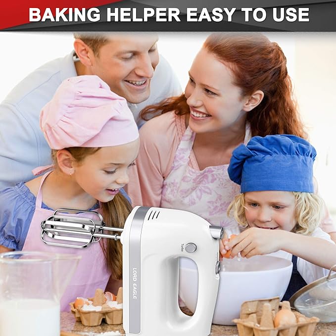 Lord Eagle Hand Mixer Electric Handheld 400W, 5-Speed Lightweight Kitchen Mixer with Stain-resistant & Waterproof Storage Bag, 5 Stainless Steel Attachments for Baking Cake Egg Cream Food Beater