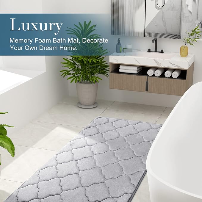 OLANLY Memory Foam Bath Mat Rug 59x34, Ultra Soft and Absorbent Bathroom Rugs, Non-Slip, Comfortable, Machine Washable Bath Carpet for Bathroom Floor, Tub, Shower and Home Decor Accessories, Grey