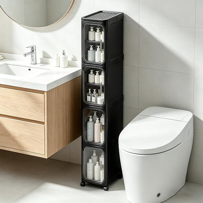 LXLXXL 4-Tier Narrow Storage Cabinet Slim Bathroom Storage Cabinet with Movable Wheels Tall Bathroom Organizer Skinny Cabinet for Small Spaces，Black