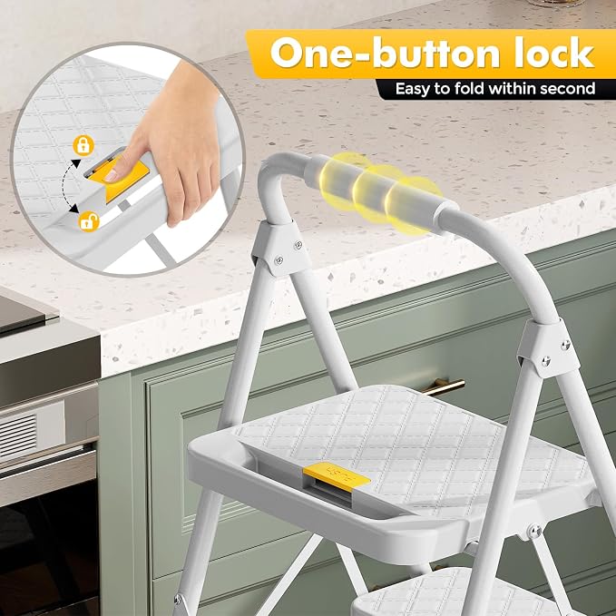 KINGRACK 4 Step Ladder, Folding Step Stool with Safety Lock & Sturdy Anti-Slip Pedals, Pass 800lbs Load Testing, Lightweight, Portable Steel Ladder with Handrails for Home, Kitchen, Garage, Office