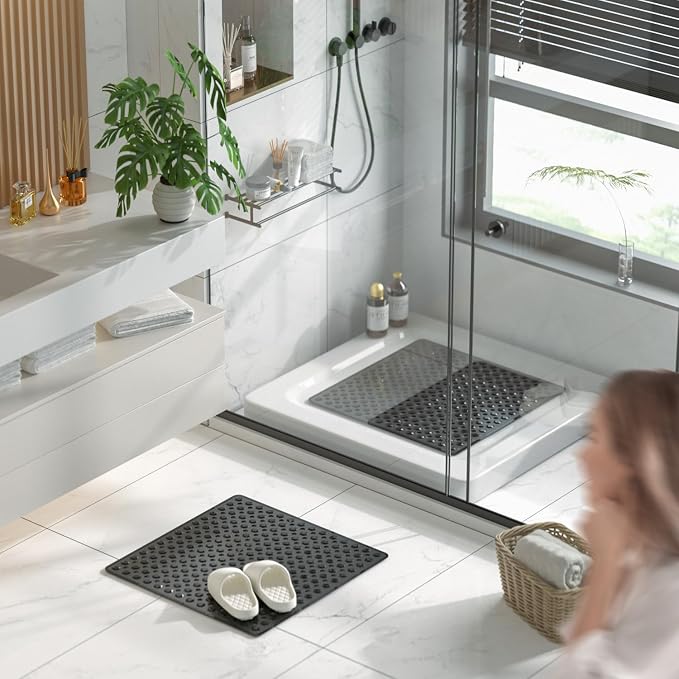 HITSLAM Shower Mat Anti Slip, Square Bath Mat for Tub Non Slip with Suction Cups and Drain Holes, 21x21 Inch Bathroom Shower Stall Floor Mat, Machine Washable, Soft on Feet, Black
