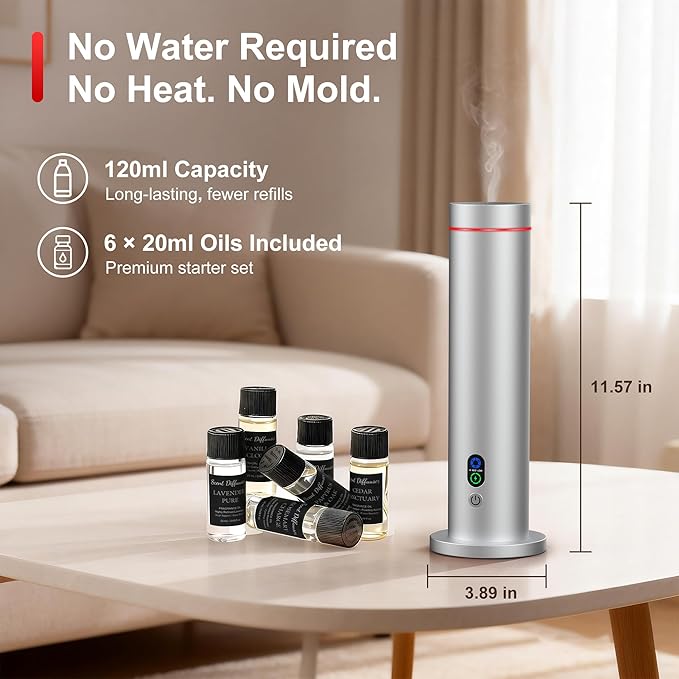 Maromalife Waterless Diffuser, Essential Oil Diffuser, 1000 Sq.Ft Coverage Scent Diffuser – Plug-in Only, Adjustable Mist, Remote, Mood Lights for Home & Office, Large Room, Hotel, Silver