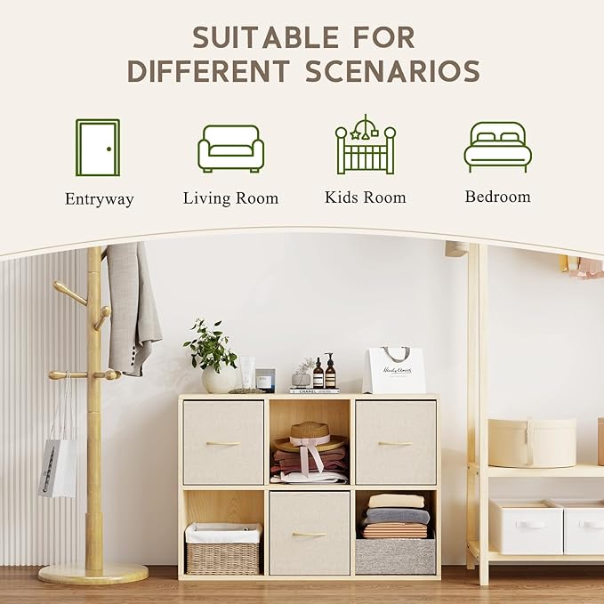 EXPERLAM 6 Cube Storage Organizer - Solid Wood Bookshelf with 3 Storage Bins, Cube Shelf with 2 Removable Back Panels, Vertical or Horizontal Bookcase, Open Book Shelf for Bedroom, Living Room, Office