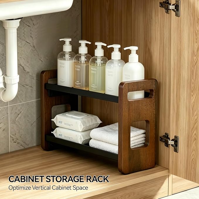 2-Tier Acacia Wood Bathroom Countertop Organizer and Storage, Vanity Bathroom Sink Organizer Shelf for Skin Care Makeup Cologne and Perfume, Small Dresser Counter Organizer-Brown