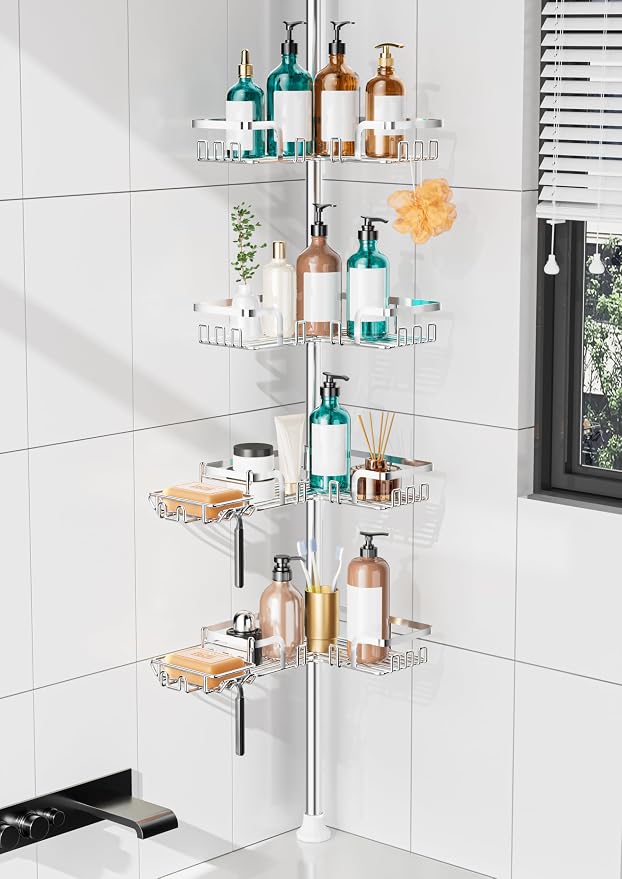 KEGII Shower Caddy Tension Pole – Corner Rustproof Bathroom Organizer with Soap Holder & Hooks, No-Drill Adjustable Shower Shelf for Renters for Families & Renters, 25-114.2 Inch, Silver