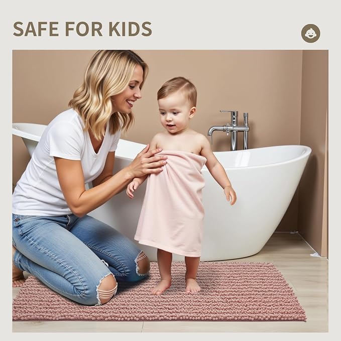 Bathroom Rugs Non Slip Washable 55x24, Extra Thick Soft Chenille Absorbent Bath Mat, High Density Barrier Non Slip Backing, Quick Dry Plush Shaggy Floor Carpet for Tub&Shower, Pink