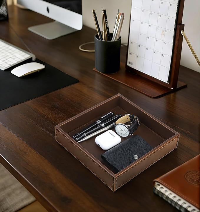 HofferRuffer Faux Leather Vanity Tray, Elegant Desktop Storage Organizer, Decorative Catchall for Perfume, Bathroom Valet, Nightstand or Dresser, 8 x 8 x 1.8 inches (Brown)
