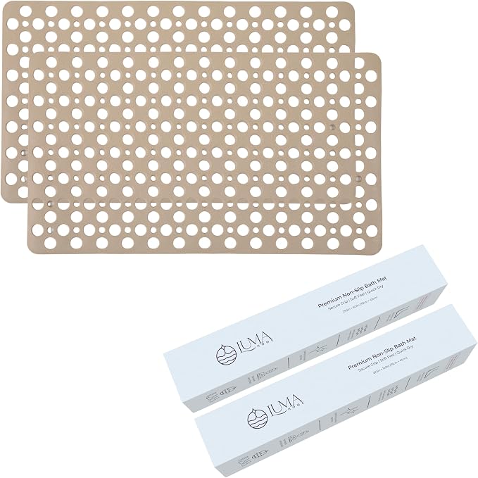 Beige Non Slip Shower Mat and Bathtub Mat TPE Strong Suction Cups Aesthetic Bath Mat for Inside Shower with Soft Texture, Quick-Dry Drain Holes, Spa-Inspired Design 30x17” (75x43 cm)