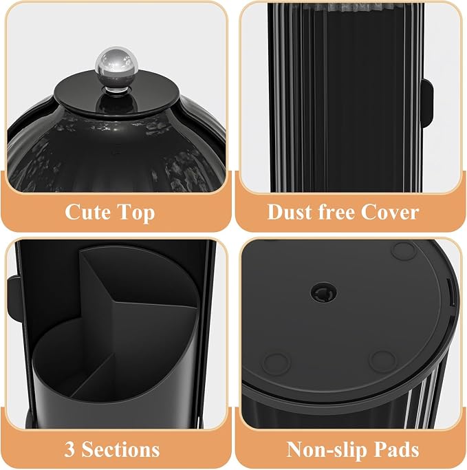 Toothbrush and Toothpaste Holders with Cover, Solid Black | Waterproof and Dustproof, 360° Rotating Base, Smooth Sliding Door, 3 Slots, for Bathroom Countertop