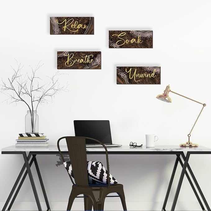 ONIZHITY 4 Pcs Brown Gold Bathroom Decor Brown Gold Wall Decor Relax Soak Unwind Breathe Wooden Rustic Marble Style Bathroom Accessories for Bedroom Living Room Office Kitchen(10X4)
