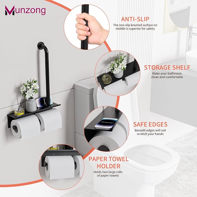 Bathroom Grab Bar with Shower Shelves,Munzong Black Toilet Paper Holder 3 in 1 Bathroom Organizers and Storage, Anti Slip Stainless Steel Safety Hand Rail for Handicap Elderly Senior Assist