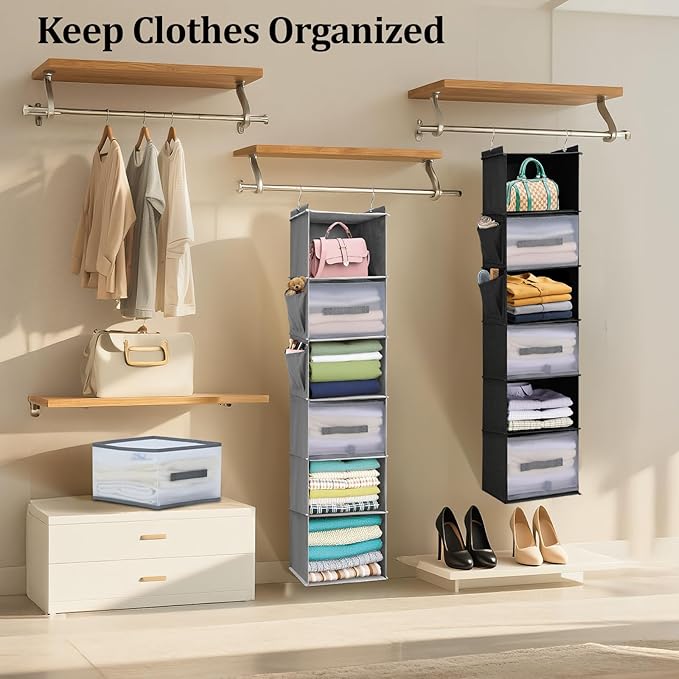 Hanging Closet Organizer and Storage,6-Shelf Closet Hanging Storage Shelves with 3 Drawers,Hanging Camping & Dorm Clothes Organizer, Grey