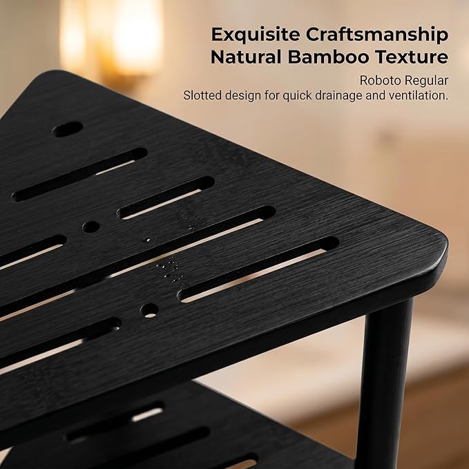 3-Tier Black Free Standing Corner Shower Caddy, Bamboo Wood Bathroom Shower Shelf Table for Inside Shower Organizer & Storage Foot Rest Shower Stool