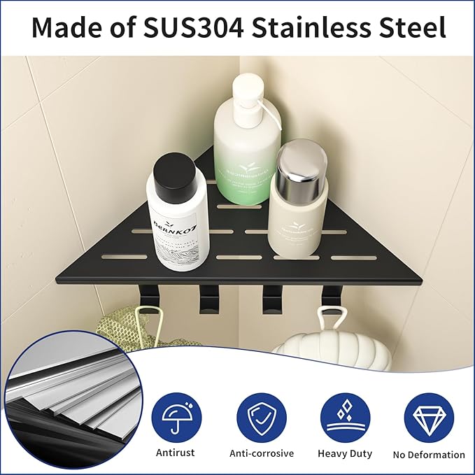 Corner Shower Shelf w/Hooks, Grout in Bathroom Shelves for Tiled Wall, 304 Stainless Steel Recessed Shower Shelf (Matte Black, 10''-2pcs)