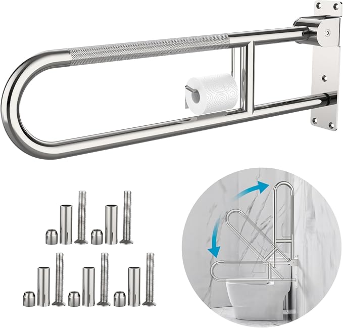 Toilet Grab Bar 32 Inch Chrome, Munzong Anti-Slip Handicap Grab Bars with Paper Holder, Flip-Up Bathroom Safety Rails, Stainless Steel Knurled Support handrails for Seniors Elderly Disabled Pregnant