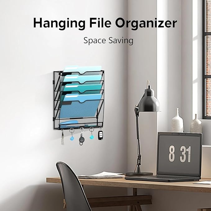 2 Pack 5 Tier Wall File Organizer - Hanging File Organizer with 5 Hooks, Mail Holder Wall Mounted for Papers, Folders, Magazines, Bills, Office&School Organization, Black