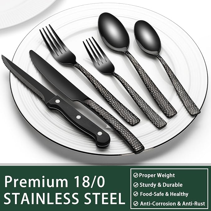 EWFEN 24-Piece Black Silverware Set with Steak Knives, Black Flatware Set for 4, Food-Grade Stainless Steel Tableware Cutlery Set, Mirror Finished Utensil Sets for Home Restaurant, Wave Hammered