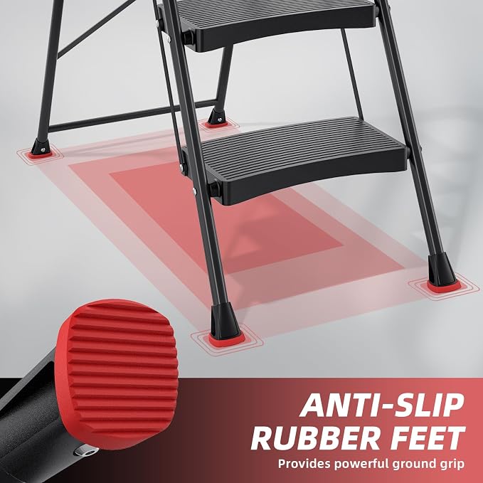 TOOLF 3 Step Ladder, Heavy Duty Step Stool with Tool Tray and Anti-Slip Wide Pedal, Portable Steel Folding Ladder for Home, Kitchen, 800 Lbs Capacity for Home & Industry, Black