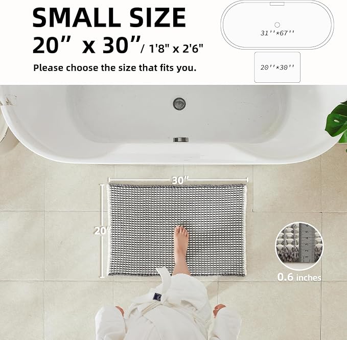 TYUU Waffle Bath Mat, Boho Bathroom Rugs Non Slip Washable Super Absorbent Quick Dry Bath Mat Farmhouse Bathroom Decor, 30"x20" Grey and White