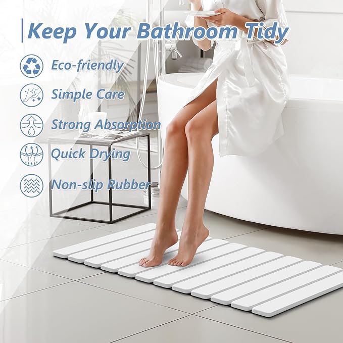 AWW Foldable Stone Bath Mat, Quick Dry Diatomaceous Earth Bath Mat with Non-Slip Mat, Super Absorbent, Easy to Clean, Compact for Small Bathrooms, 31.5 x 15.7, White